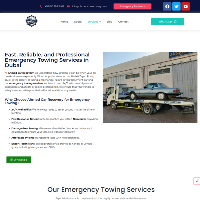 Screenshot of https://ahmedcarrecovery.com/services/towing-services