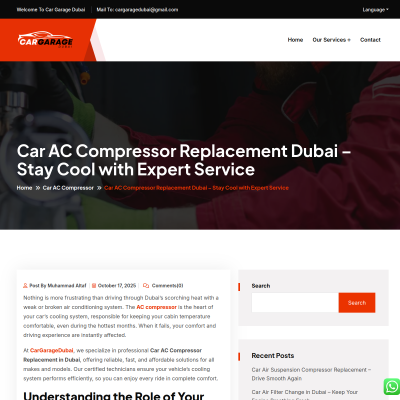 Screenshot of https://cargaragedubai.com/car-ac-compressor-replacement-dubai-stay-cool-with-expert-service/