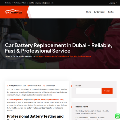 Screenshot of https://cargaragedubai.com/car-battery-replacement-in-dubai-reliable-fast-professional-service/