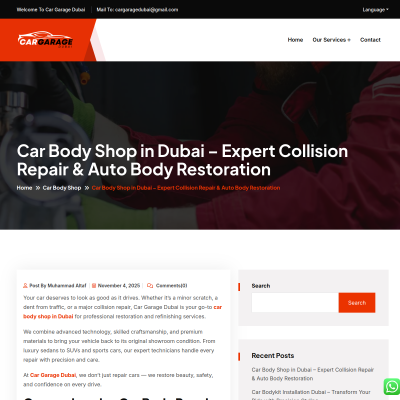 Screenshot of https://cargaragedubai.com/car-body-shop-in-dubai-expert-collision-repair-auto-body-restoration/