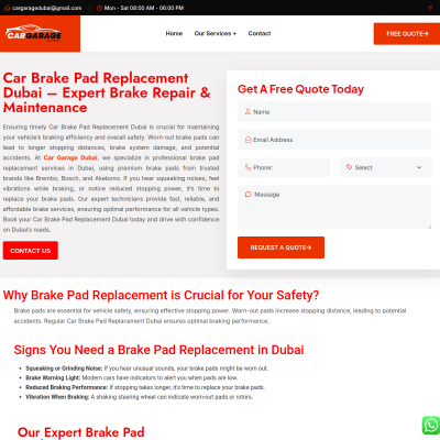 Screenshot of https://cargaragedubai.com/car-brake-pads-replacement-dubai/