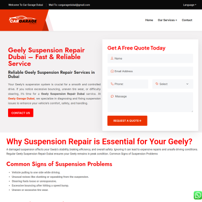 Screenshot of https://cargaragedubai.com/geely-suspension-repair-dubai/