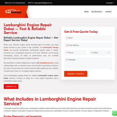 Screenshot of https://cargaragedubai.com/lamborghini-engine-repair-dubai/