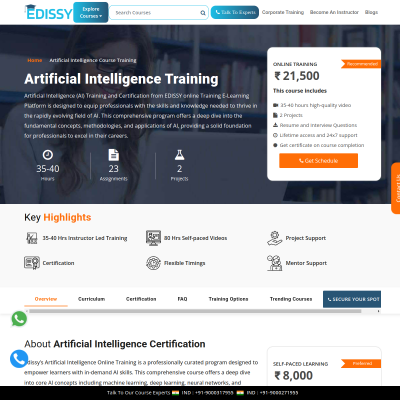 Screenshot of https://edissy.com/artificial-intelligence-online-training