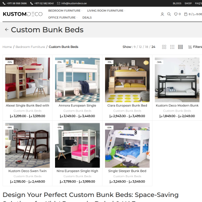 Screenshot of https://kustomdeco.ae/product-category/bedroom-furniture/bunk-beds/