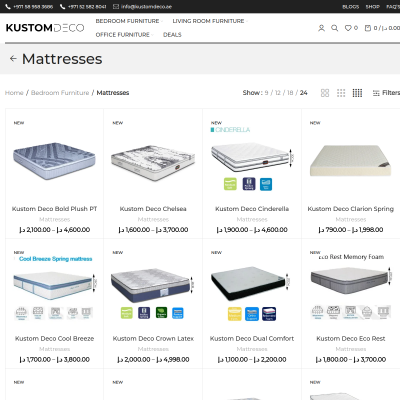 Screenshot of https://kustomdeco.ae/product-category/bedroom-furniture/mattresses/