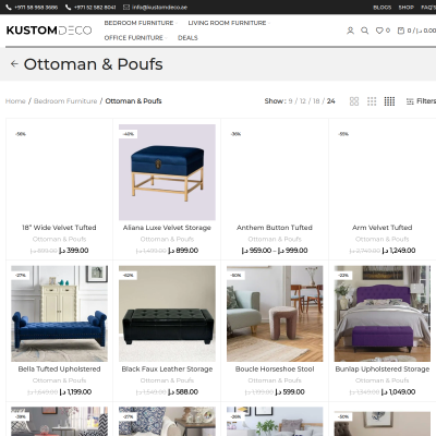 Screenshot of https://kustomdeco.ae/product-category/bedroom-furniture/ottoman-poufs/