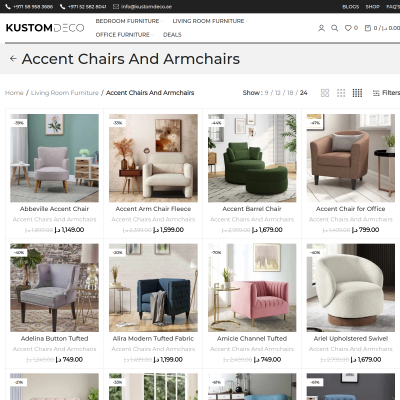 Screenshot of https://kustomdeco.ae/product-category/living-room-furniture/accent-arm-chairs/