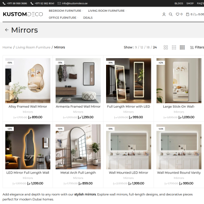 Screenshot of https://kustomdeco.ae/product-category/living-room-furniture/mirrors/