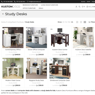Screenshot of https://kustomdeco.ae/product-category/living-room-furniture/study-desks/