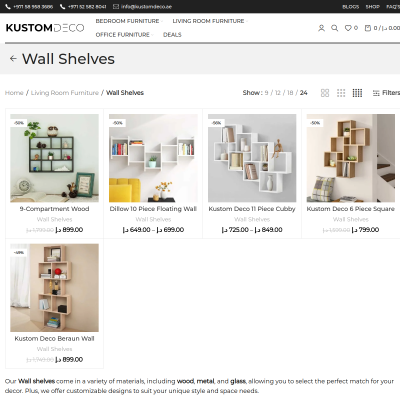 Screenshot of https://kustomdeco.ae/product-category/living-room-furniture/wall-shelves/