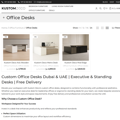 Screenshot of https://kustomdeco.ae/product-category/office-furniture/desks/