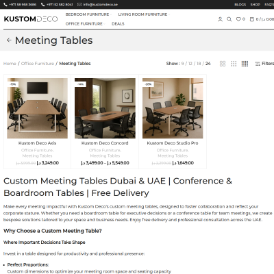 Screenshot of https://kustomdeco.ae/product-category/office-furniture/meeting-tables/