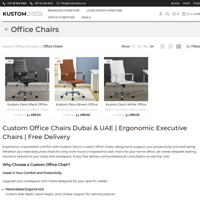 Screenshot of https://kustomdeco.ae/product-category/office-furniture/office-chairs/