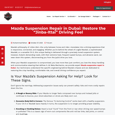 Screenshot of https://metamechanics.ae/mazda-suspension-repair-in-dubai-restore-the-jinba-ittai-driving-feel/
