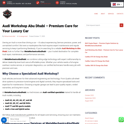 Screenshot of https://metamechanicsabudhabi.com/audi-workshop-abu-dhabi-premium-care-for-your-luxury-car/