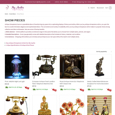 Screenshot of https://myaashis.com/product-category/show-pieces/