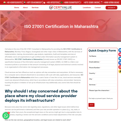 Screenshot of https://www.certvalue.com/iso-27001-certification-in-Maharashtra/
