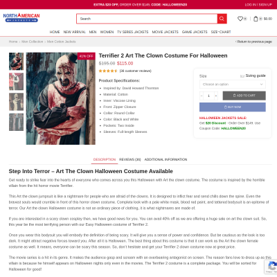Screenshot of https://www.northamericanjackets.com/product/terrifier-2-david-howard-thornton-halloween-costume/